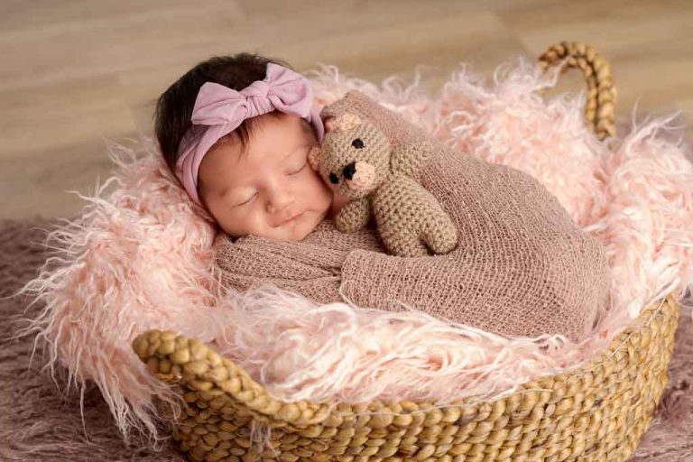 bébé avec doudou dans panier